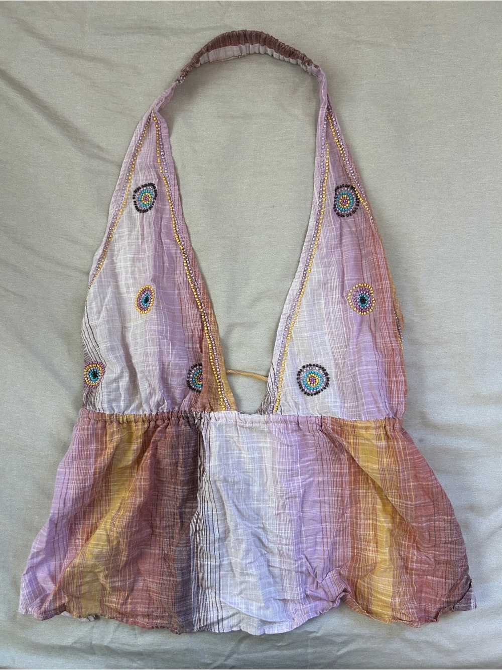 Boho Embroidered Halter Top in Lavender and Mustard
